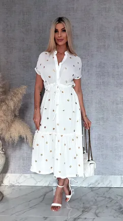 Długa biała sukienka w złote grochy z cekinów ONE SIZE wiskoza - R935