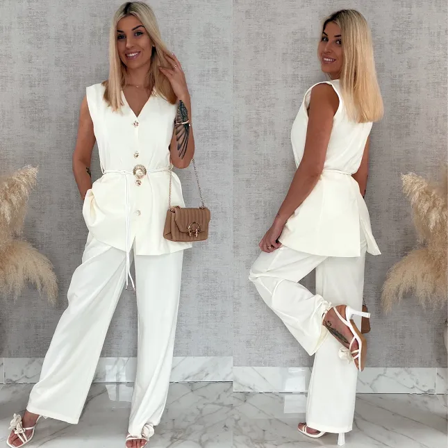 Elegancki jasny komplet luźna kamizelka + spodnie ECRU - R830