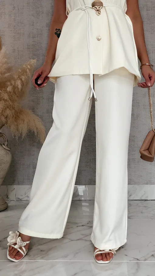 Elegancki jasny komplet luźna kamizelka + spodnie ECRU - R830