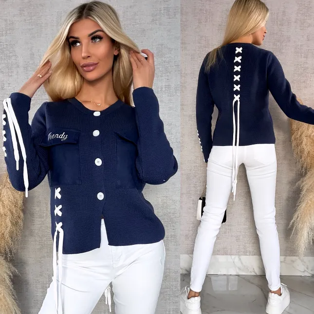 Bawełniany sweter w stylu katany zapinany na guziki ONE SIZE blue - R623