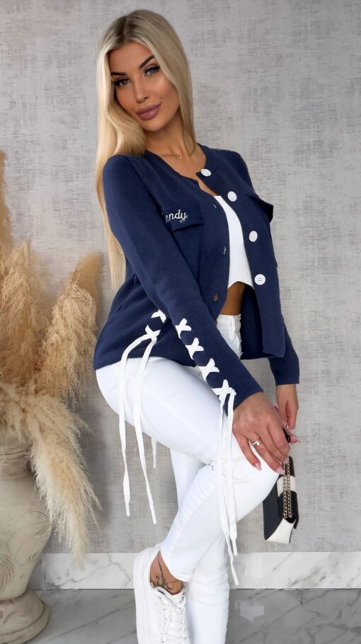 Bawełniany sweter w stylu katany zapinany na guziki ONE SIZE blue - R623