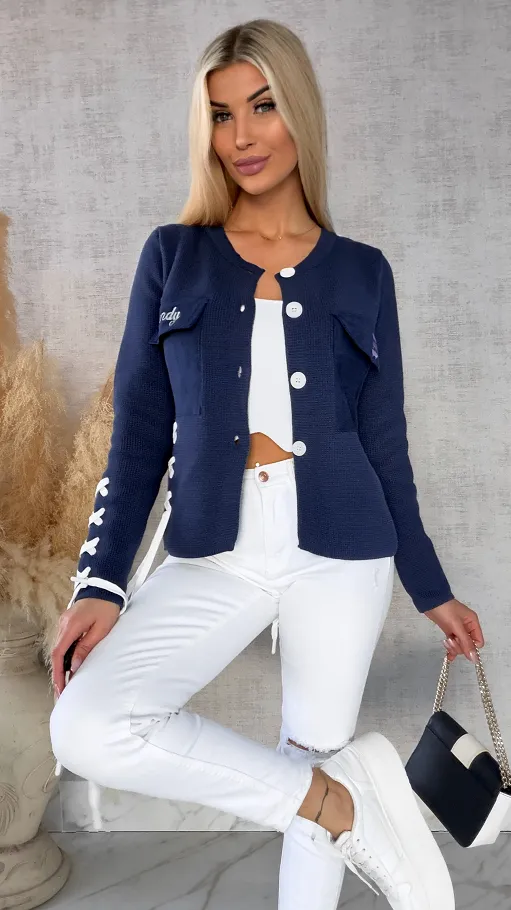 Bawełniany sweter w stylu katany zapinany na guziki ONE SIZE blue - R623