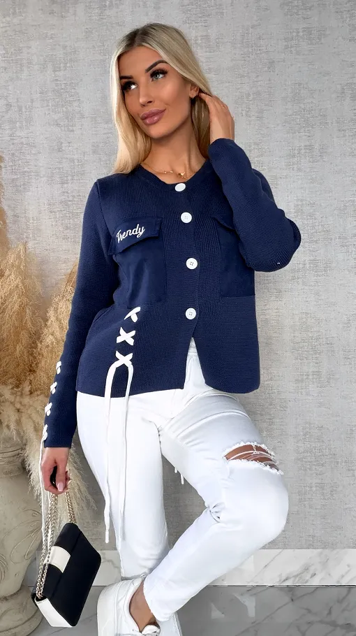 Bawełniany sweter w stylu katany zapinany na guziki ONE SIZE blue - R623
