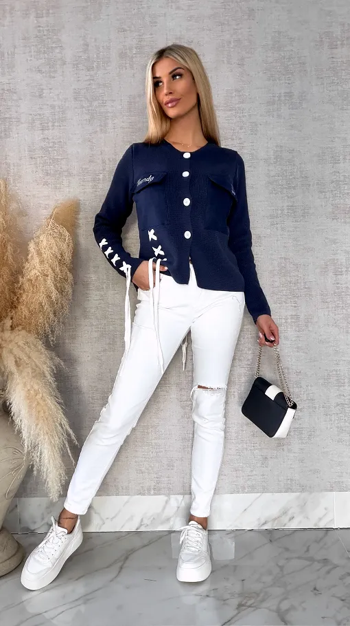 Bawełniany sweter w stylu katany zapinany na guziki ONE SIZE blue - R623