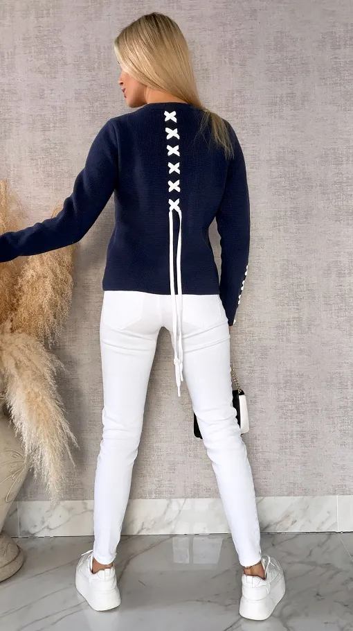 Bawełniany sweter w stylu katany zapinany na guziki ONE SIZE blue - R623