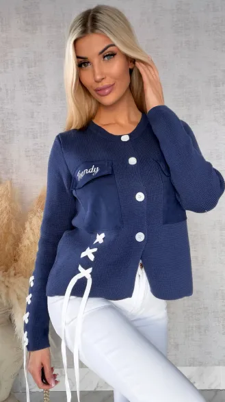 Bawełniany sweter w stylu katany zapinany na guziki ONE SIZE blue - R623