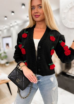 Mięsisty sweter na guziki w ozdobne kwiaty BLACK - L495A