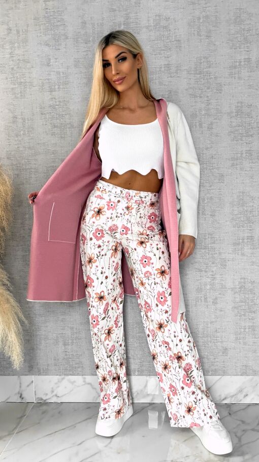 Elastyczne spodnie jeansowe WHITE JEANS w kolorowe kwiaty - R602A