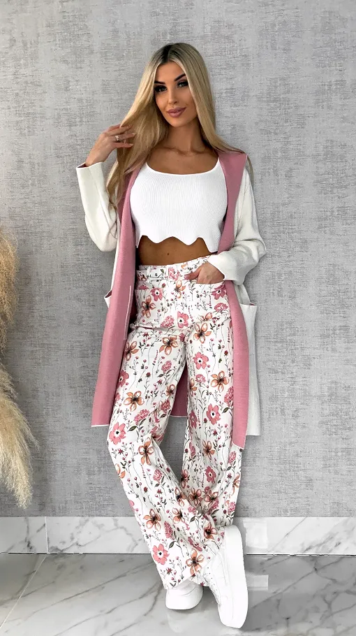 Elastyczne spodnie jeansowe WHITE JEANS w kolorowe kwiaty - R602A
