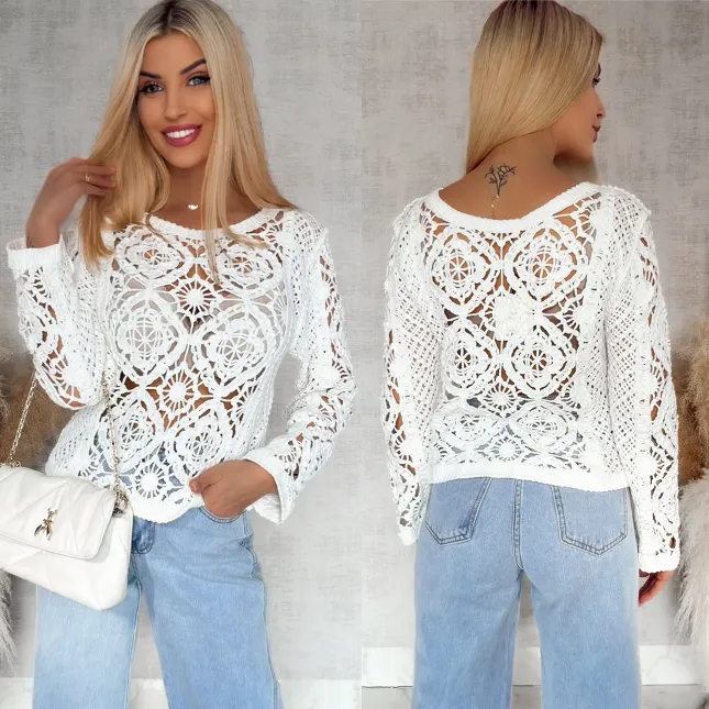 Ażurowy bawełniany szydełkowy sweter ONE SIZE biały - R906