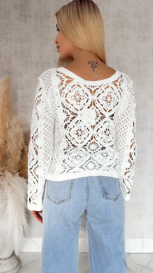 Ażurowy bawełniany szydełkowy sweter ONE SIZE biały - R906