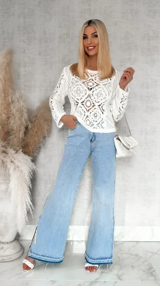 Ażurowy bawełniany szydełkowy sweter ONE SIZE biały - R906