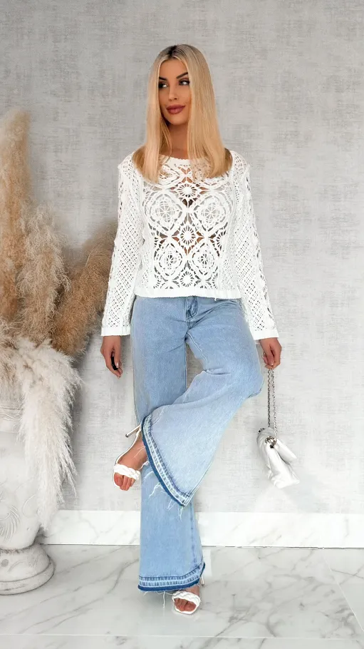 Ażurowy bawełniany szydełkowy sweter ONE SIZE biały - R906