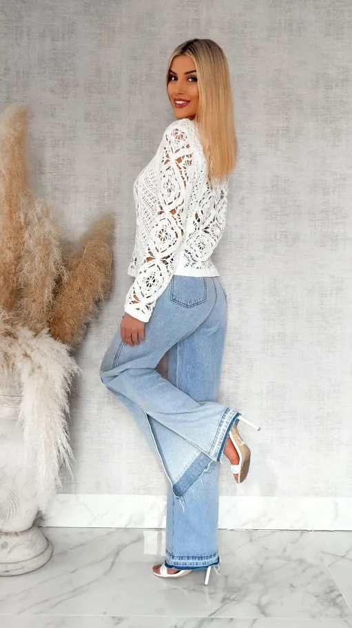 Ażurowy bawełniany szydełkowy sweter ONE SIZE biały - R906
