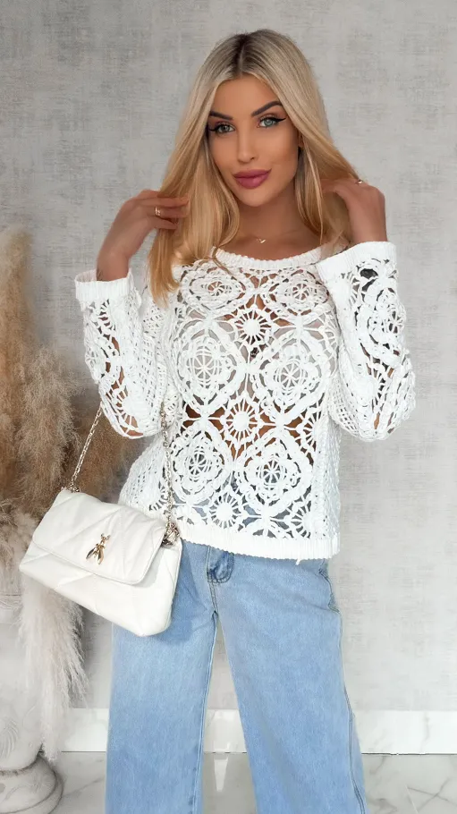 Ażurowy bawełniany szydełkowy sweter ONE SIZE biały - R906