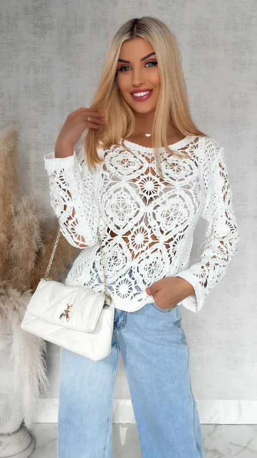 Ażurowy bawełniany szydełkowy sweter ONE SIZE biały - R906