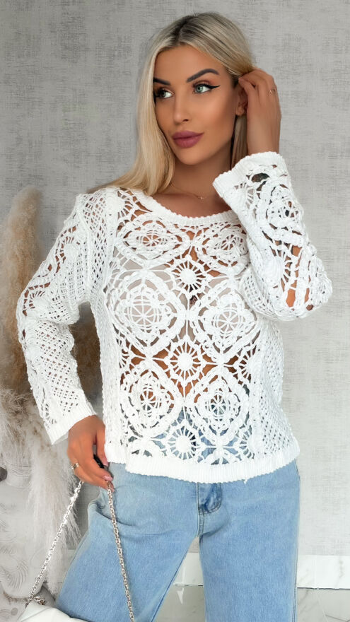 Ażurowy bawełniany szydełkowy sweter ONE SIZE biały - R906