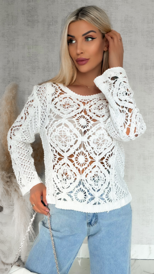 Ażurowy bawełniany szydełkowy sweter ONE SIZE biały - R906