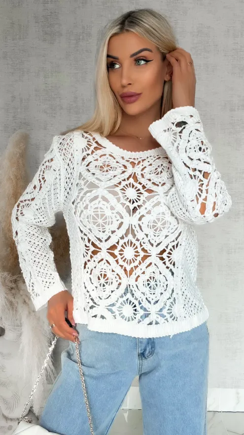 Ażurowy bawełniany szydełkowy sweter ONE SIZE biały - R906
