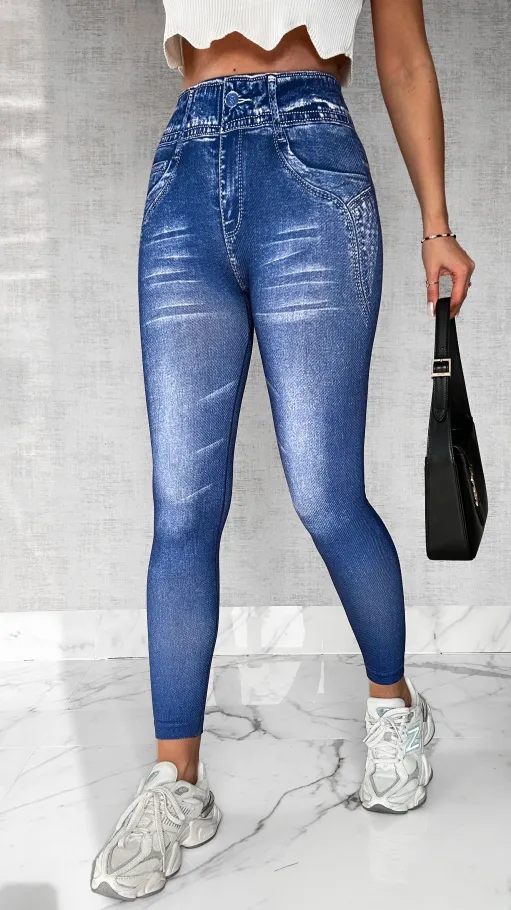 Świetne spodnie legginsy w jeansowym stylu BLUE - P397