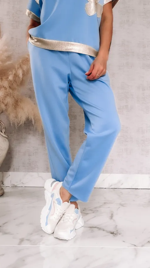 Idealny niebieski komplet dresowy ze złotymi dodatkami ONE SIZE - R955