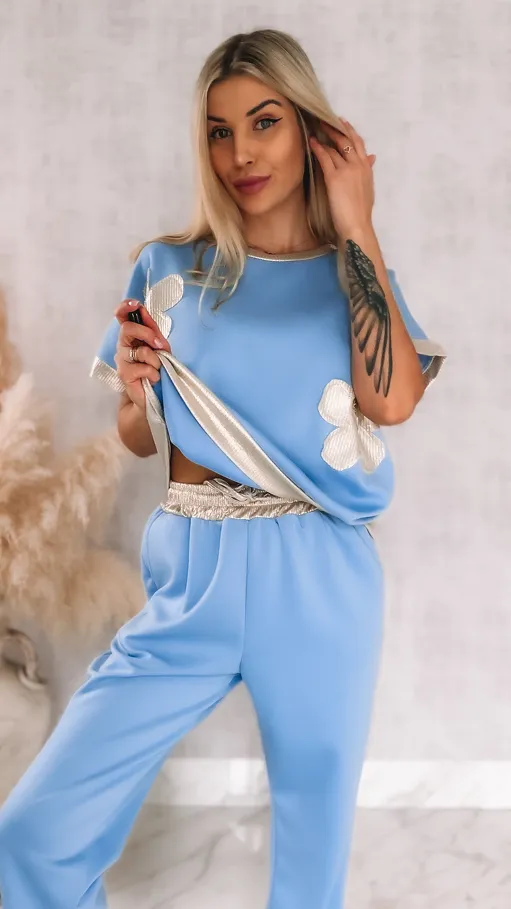Idealny niebieski komplet dresowy ze złotymi dodatkami ONE SIZE - R955