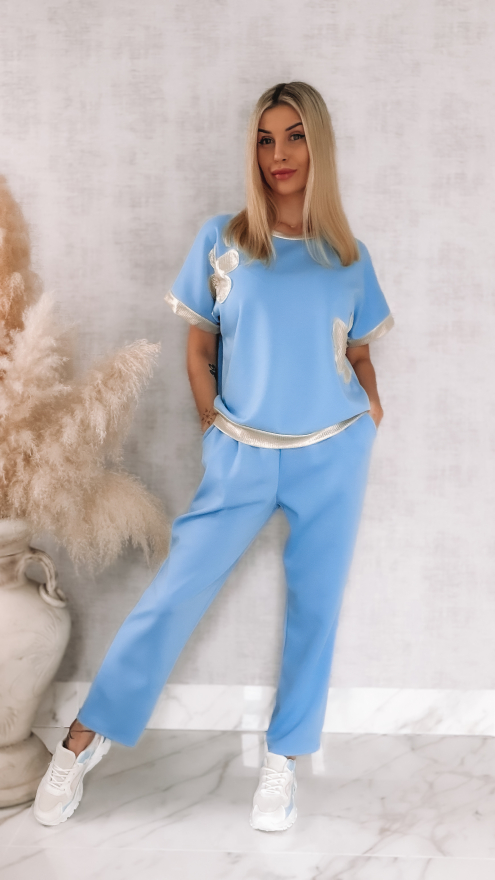 Idealny niebieski komplet dresowy ze złotymi dodatkami ONE SIZE - R955