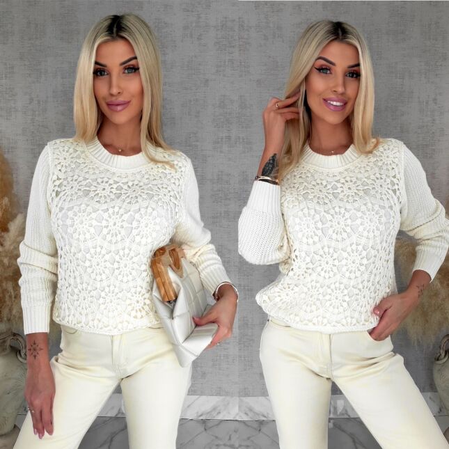 Bawełniany sweter z szydełkowym przodem ONE SIZE ecru - R806
