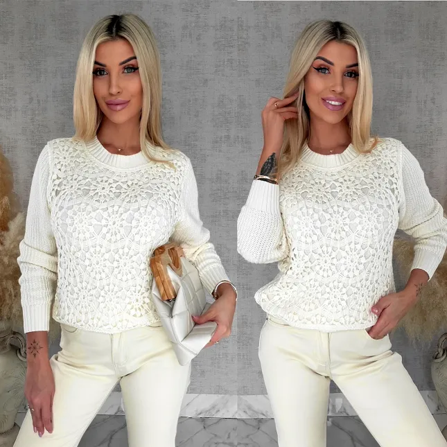 Bawełniany sweter z szydełkowym przodem ONE SIZE ecru - R806