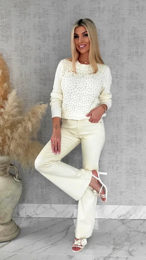 Bawełniany sweter z szydełkowym przodem ONE SIZE ecru - R806