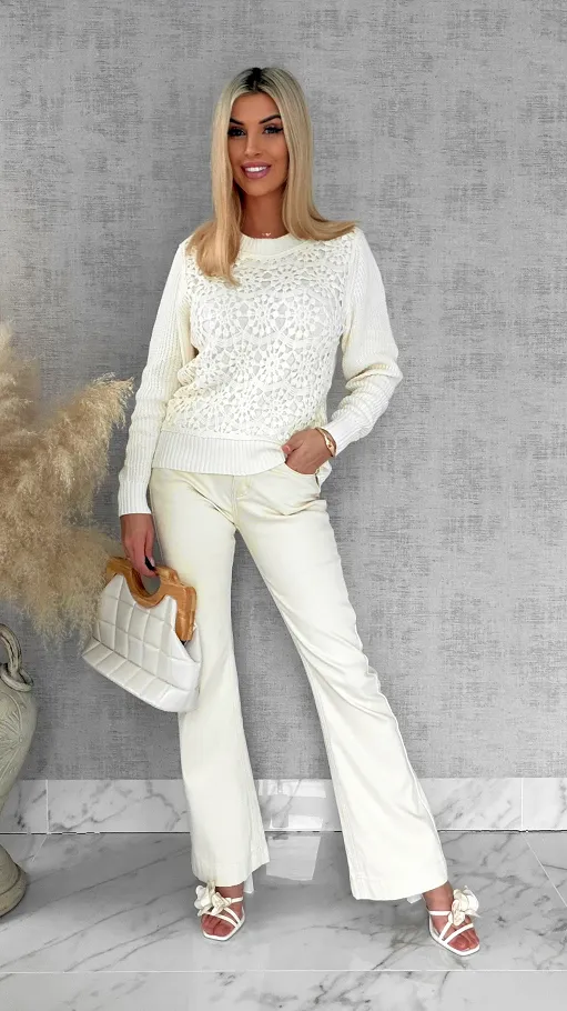 Bawełniany sweter z szydełkowym przodem ONE SIZE ecru - R806