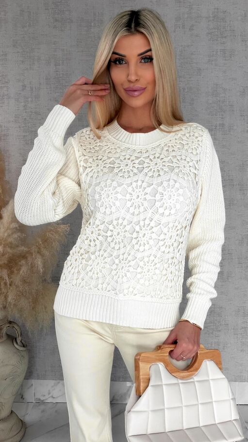 Bawełniany sweter z szydełkowym przodem ONE SIZE ecru - R806