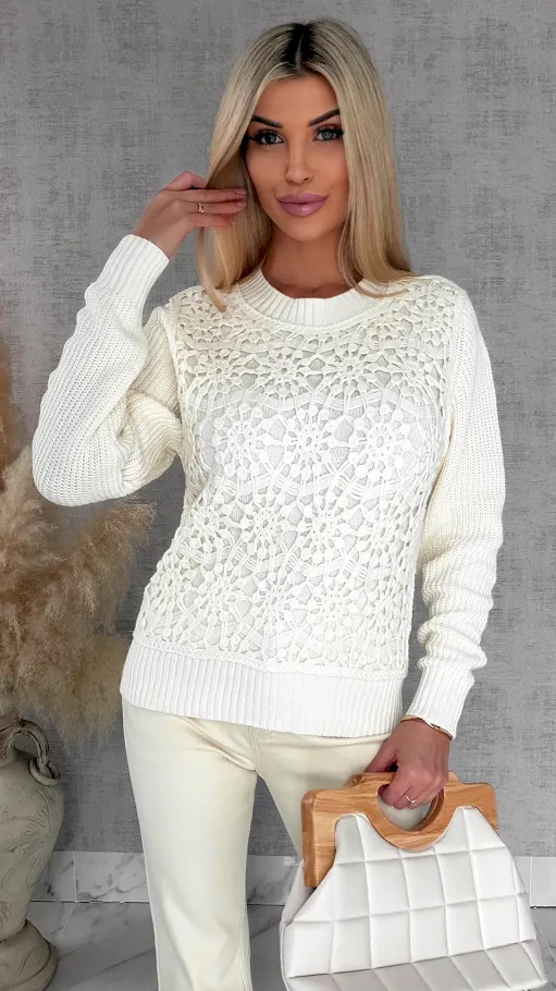 Bawełniany sweter z szydełkowym przodem ONE SIZE ecru - R806
