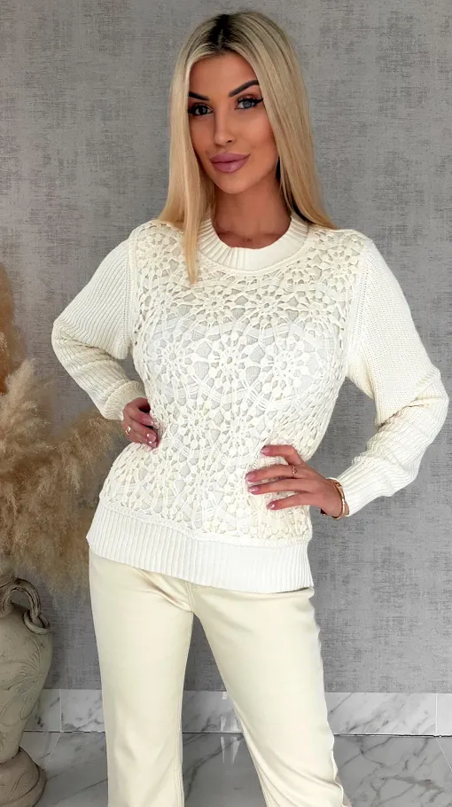 Bawełniany sweter z szydełkowym przodem ONE SIZE ecru - R806