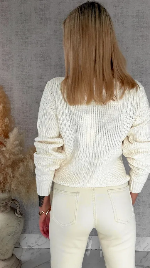 Bawełniany sweter z szydełkowym przodem ONE SIZE ecru - R806