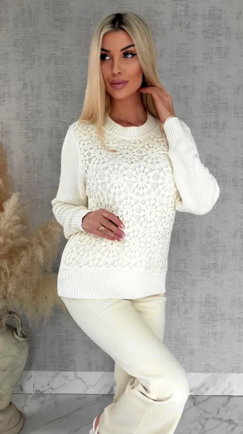 Bawełniany sweter z szydełkowym przodem ONE SIZE ecru - R806