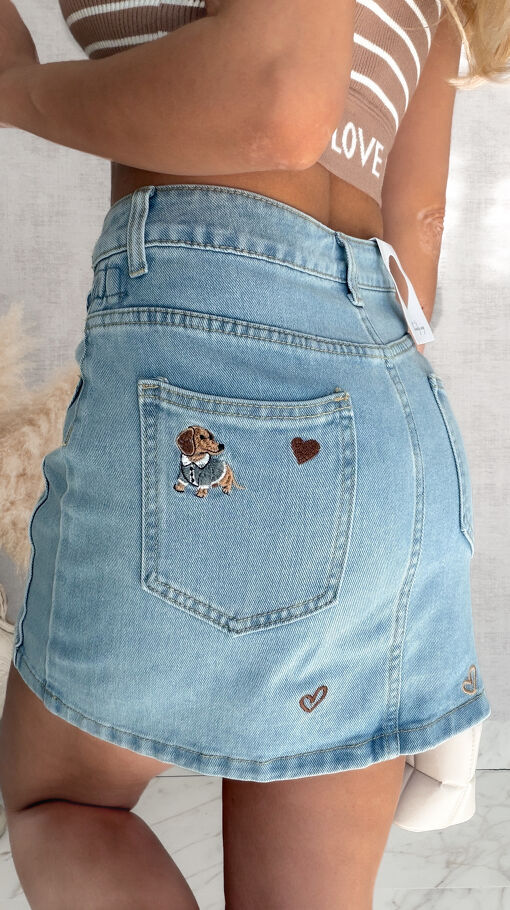 Elastyczna jeansowa spódniczka z haftowanymi pieskami BLUE JEANS - S173