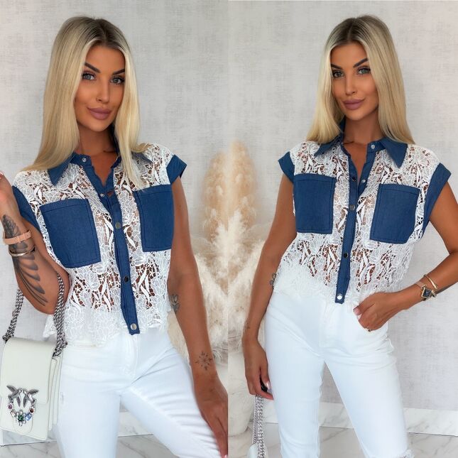 Elegancka bluzka z białej gipiury z jeansowymi wstawkami - S177