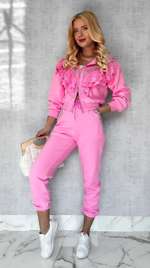 Bawełniany RÓŻOWY komplet dresowy zdobiony srebrnymi dodatkami - P168C