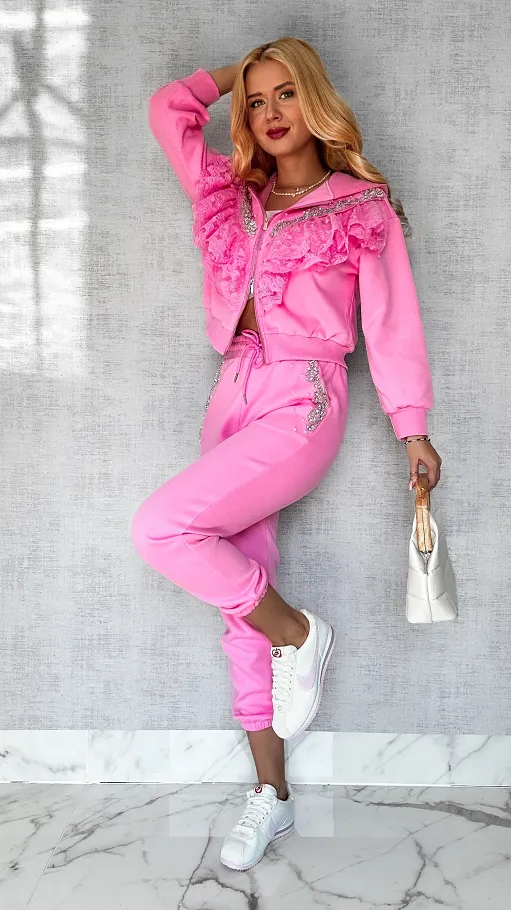 Bawełniany RÓŻOWY komplet dresowy zdobiony srebrnymi dodatkami - P168C
