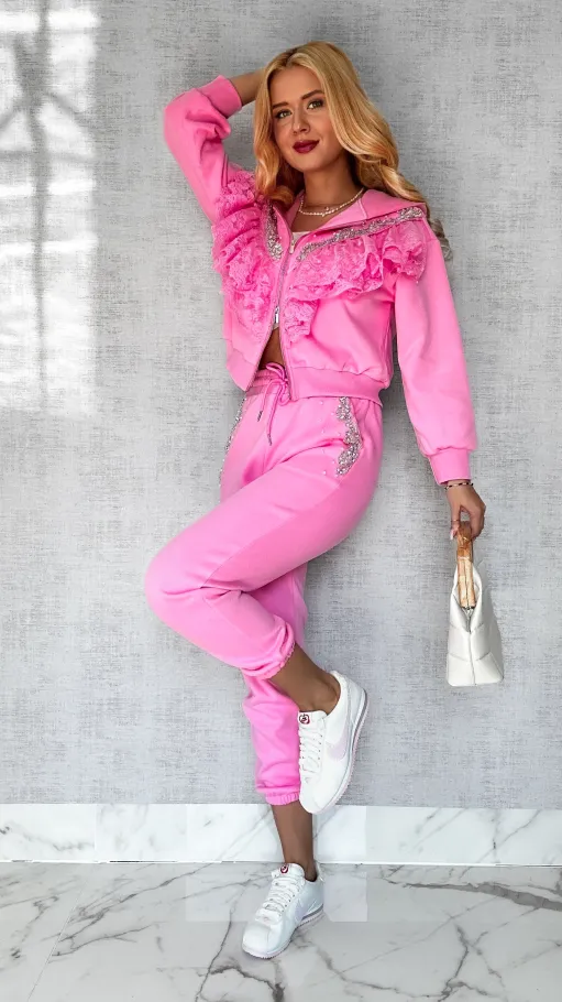 Bawełniany RÓŻOWY komplet dresowy zdobiony srebrnymi dodatkami - P168C