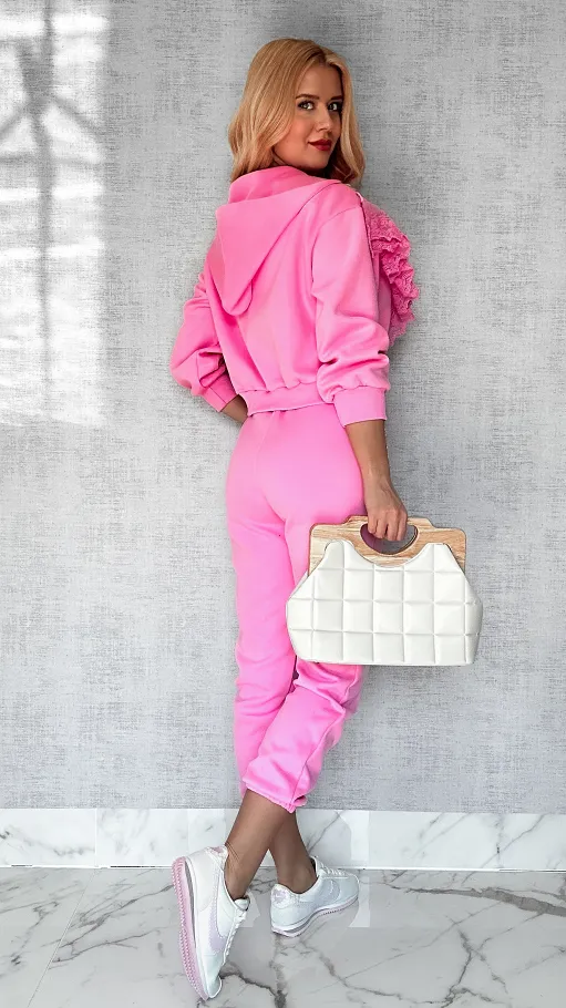 Bawełniany RÓŻOWY komplet dresowy zdobiony srebrnymi dodatkami - P168C