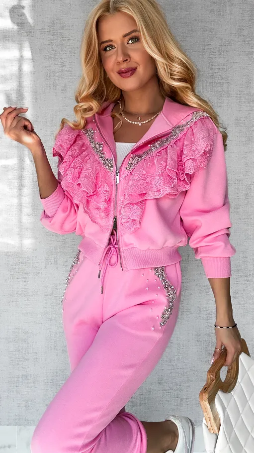 Bawełniany RÓŻOWY komplet dresowy zdobiony srebrnymi dodatkami - P168C