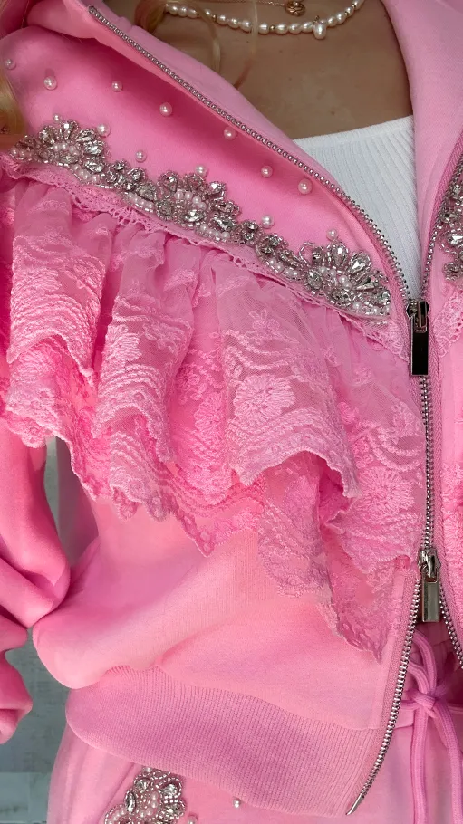 Bawełniany RÓŻOWY komplet dresowy zdobiony srebrnymi dodatkami - P168C