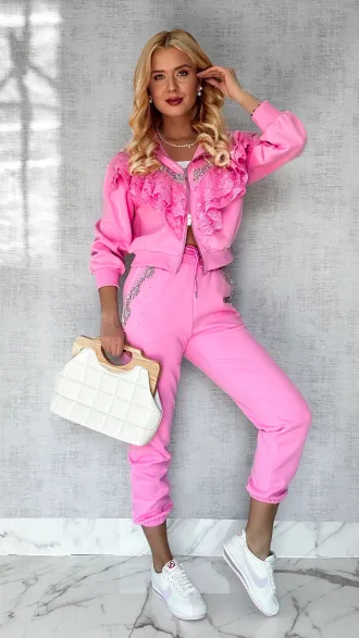Bawełniany RÓŻOWY komplet dresowy zdobiony srebrnymi dodatkami - P168C