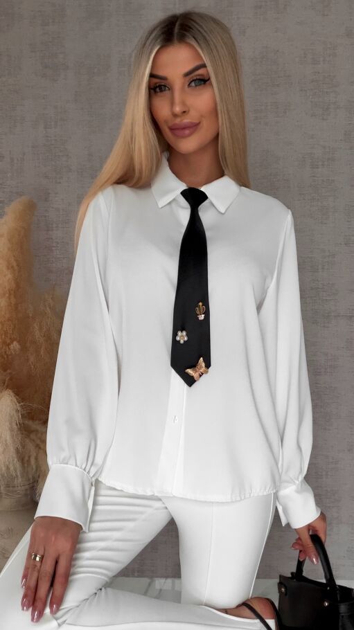Gładka biała koszula z czarnym ozdobnym krawatem ONE SIZE - R565
