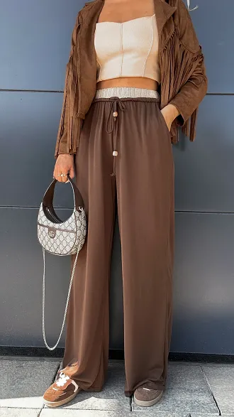 Brązowe spodnie z wiskozy z beżowym elastycznym pasem ONE SIZE - P945A