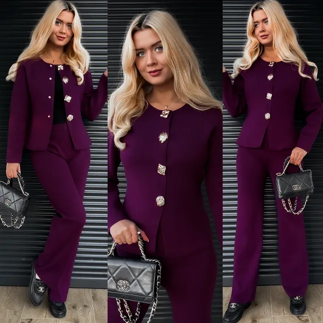 Dzianinowy jesienny komplet elegancki sweter + spodnie ONE SIZE purpura - R316