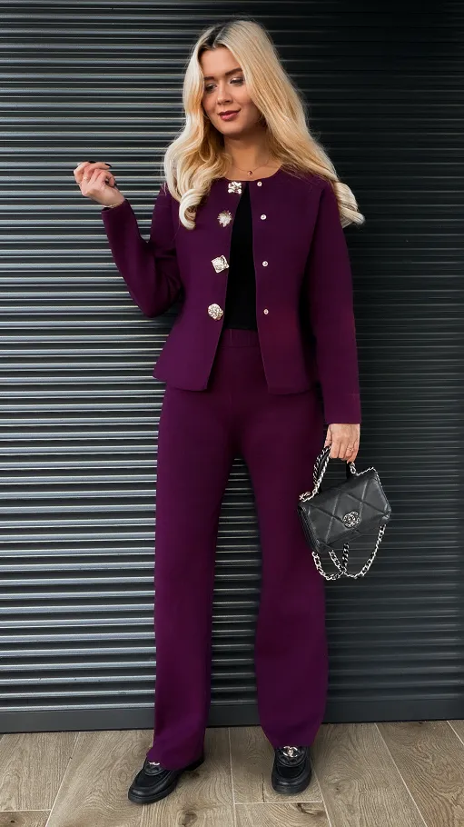 Dzianinowy jesienny komplet elegancki sweter + spodnie ONE SIZE purpura - R316