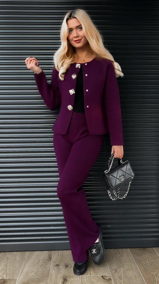 Dzianinowy jesienny komplet elegancki sweter + spodnie ONE SIZE purpura - R316